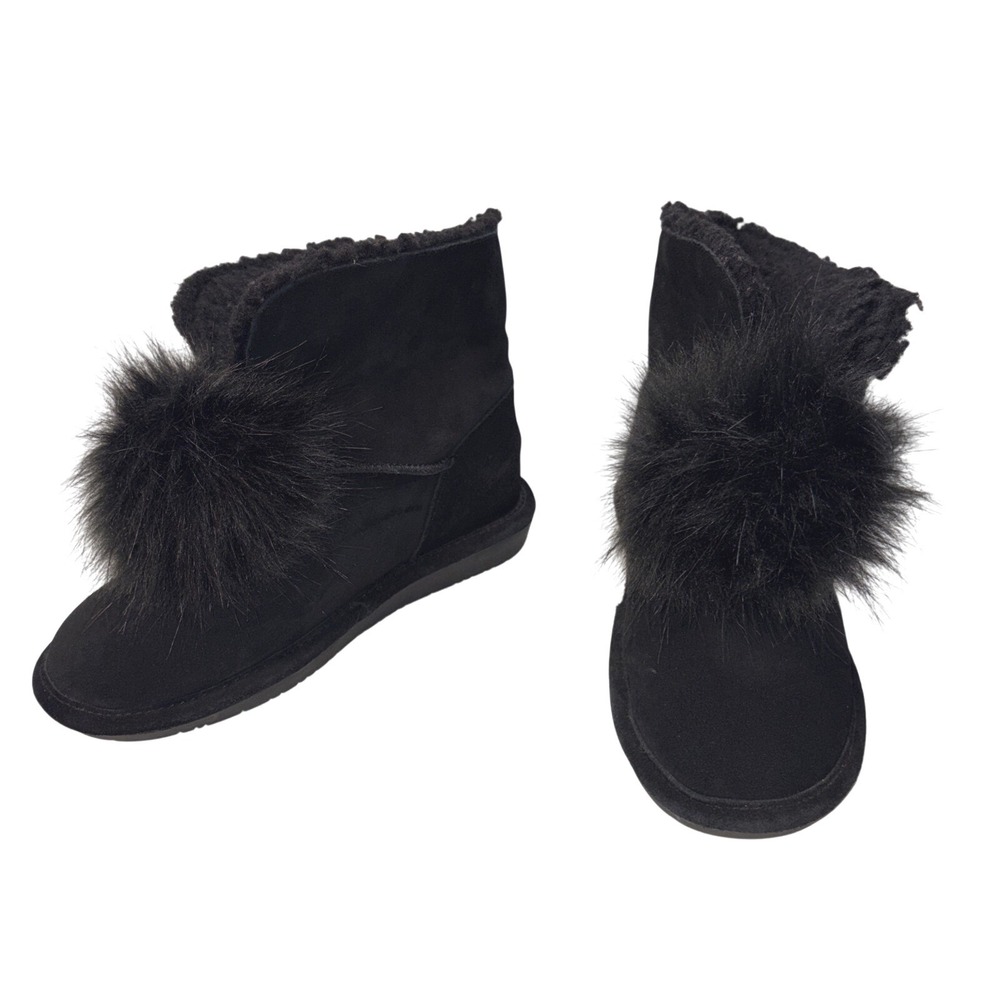 Bearpaw Black Suede Fur Pom Pom‎ Cozy Boots Size 8